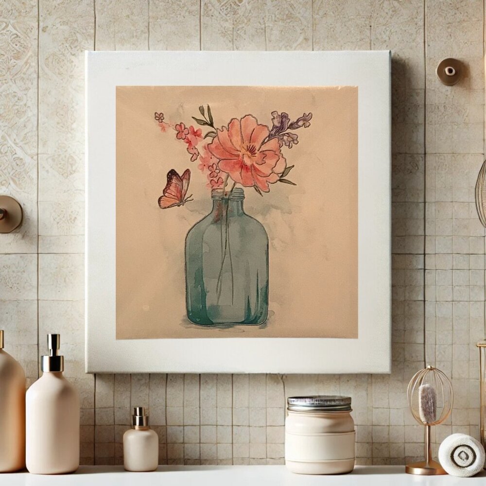 Floral Mason Jar Canvas Print  Butterfly and Bloom Design
